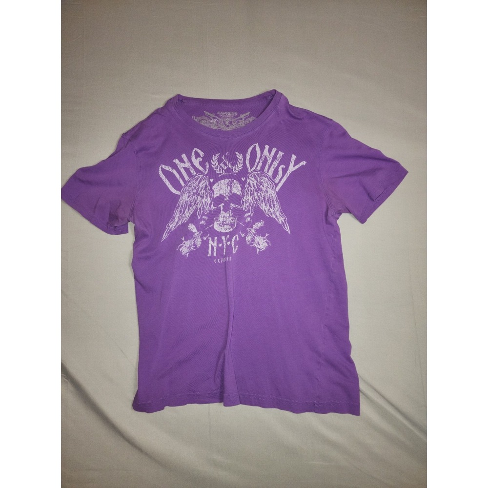 Express T Shirt Mens Medium Purple Skull Graphic NYC Distressed Y2K Streetwear